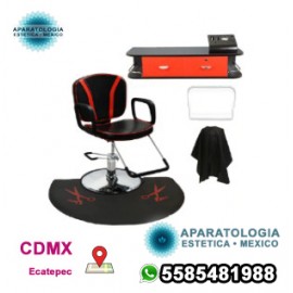 Sillón de peinado reclinable con estación de montaje en pared y tapete antifatiga con impresión de tijera